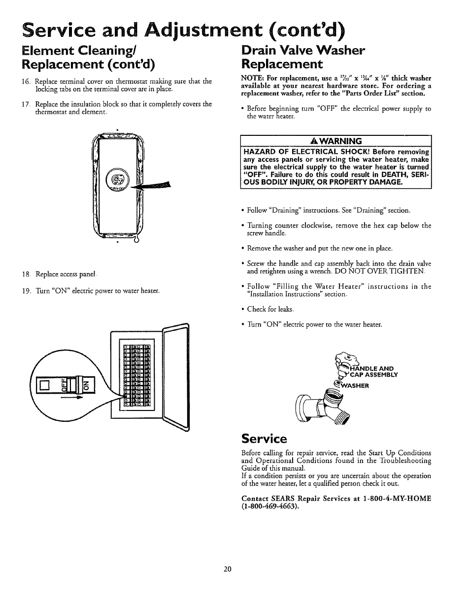 A warning, Service and adjustment (cont’d), Service | Kenmore 153.327366 User Manual | Page 20 / 32