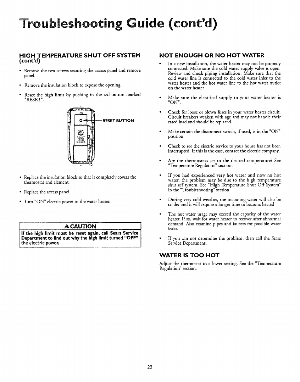 High temperature shut off system (cont’d), Not enough or no hot water, Troubleshooting guide (cont’d) | Kenmore 153.327366 User Manual | Page 23 / 32