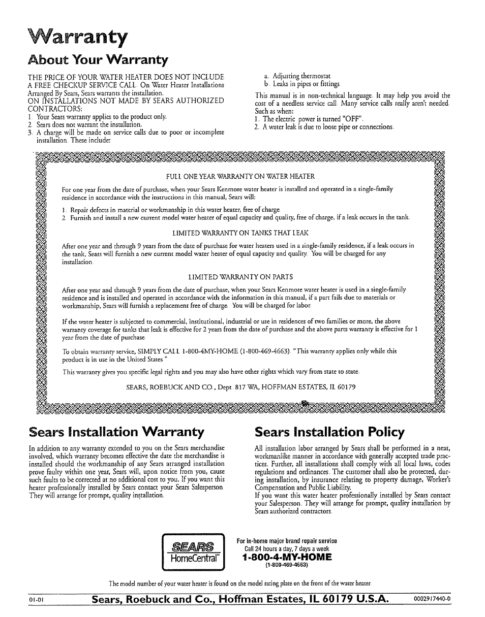 Warranty, About your warranty, Sears installation warranty | Sears installation policy, Homecentiar | Kenmore 153.327366 User Manual | Page 32 / 32