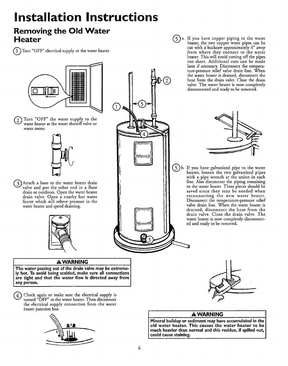 Installation instructions, Flemoving the old water heater | Kenmore 153.327366 User Manual | Page 6 / 32