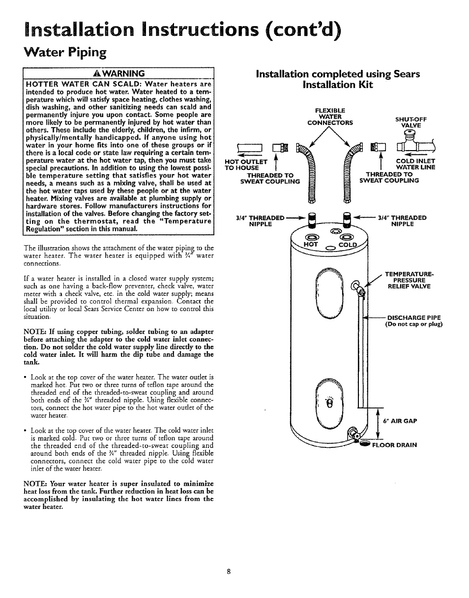 Installation instructions (cont’d), Water piping | Kenmore 153.327366 User Manual | Page 8 / 32