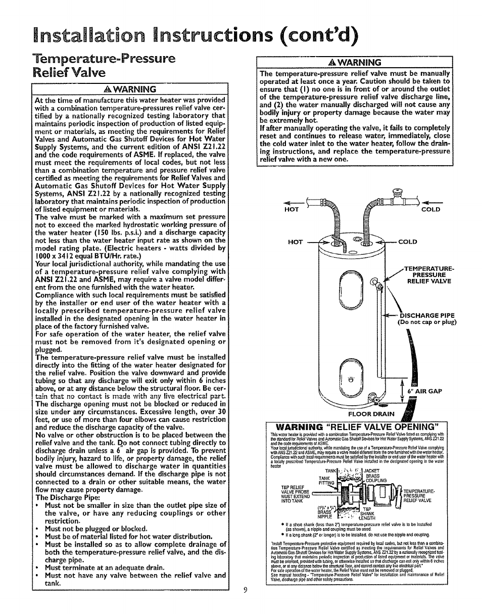 Temperatyre-pressure relief valve, Installation instructions (cont’d), A warning | Awarning | Kenmore 153.327366 User Manual | Page 9 / 32