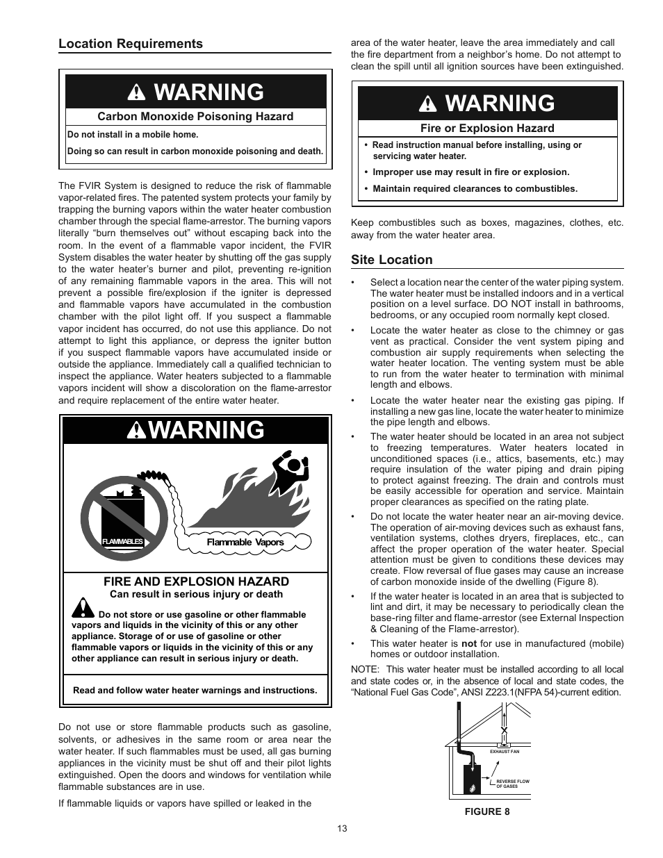 Warning, Location requirements, Site location | Kenmore POWER MISER 153.336433 User Manual | Page 13 / 44