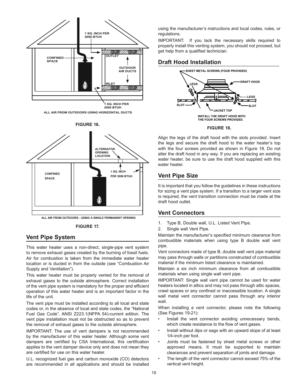 Vent pipe system, Draft hood installation, Vent pipe size | Vent connectors | Kenmore POWER MISER 153.336433 User Manual | Page 19 / 44