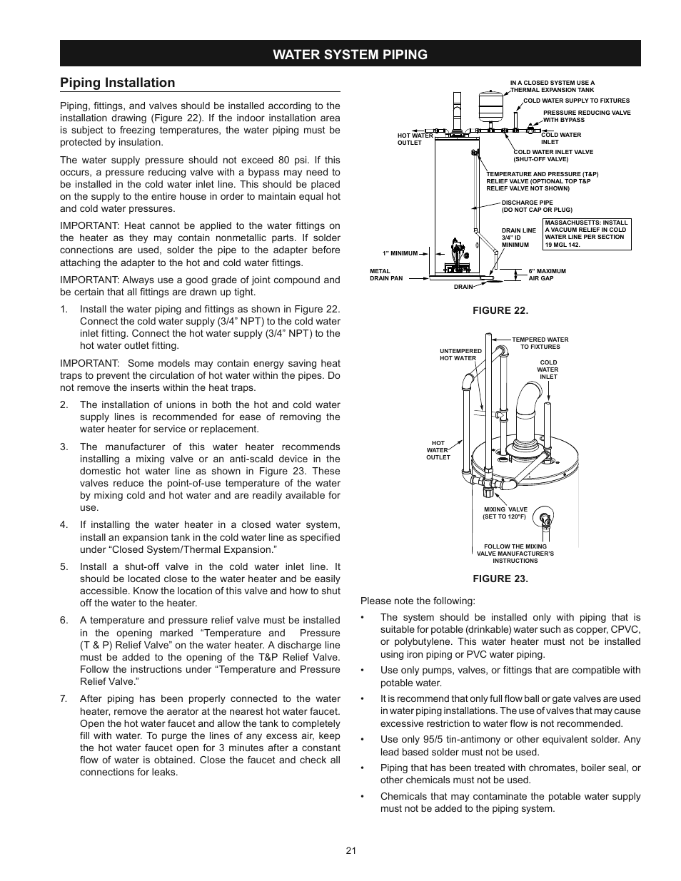 Piping installation, Water system piping | Kenmore POWER MISER 153.336433 User Manual | Page 21 / 44