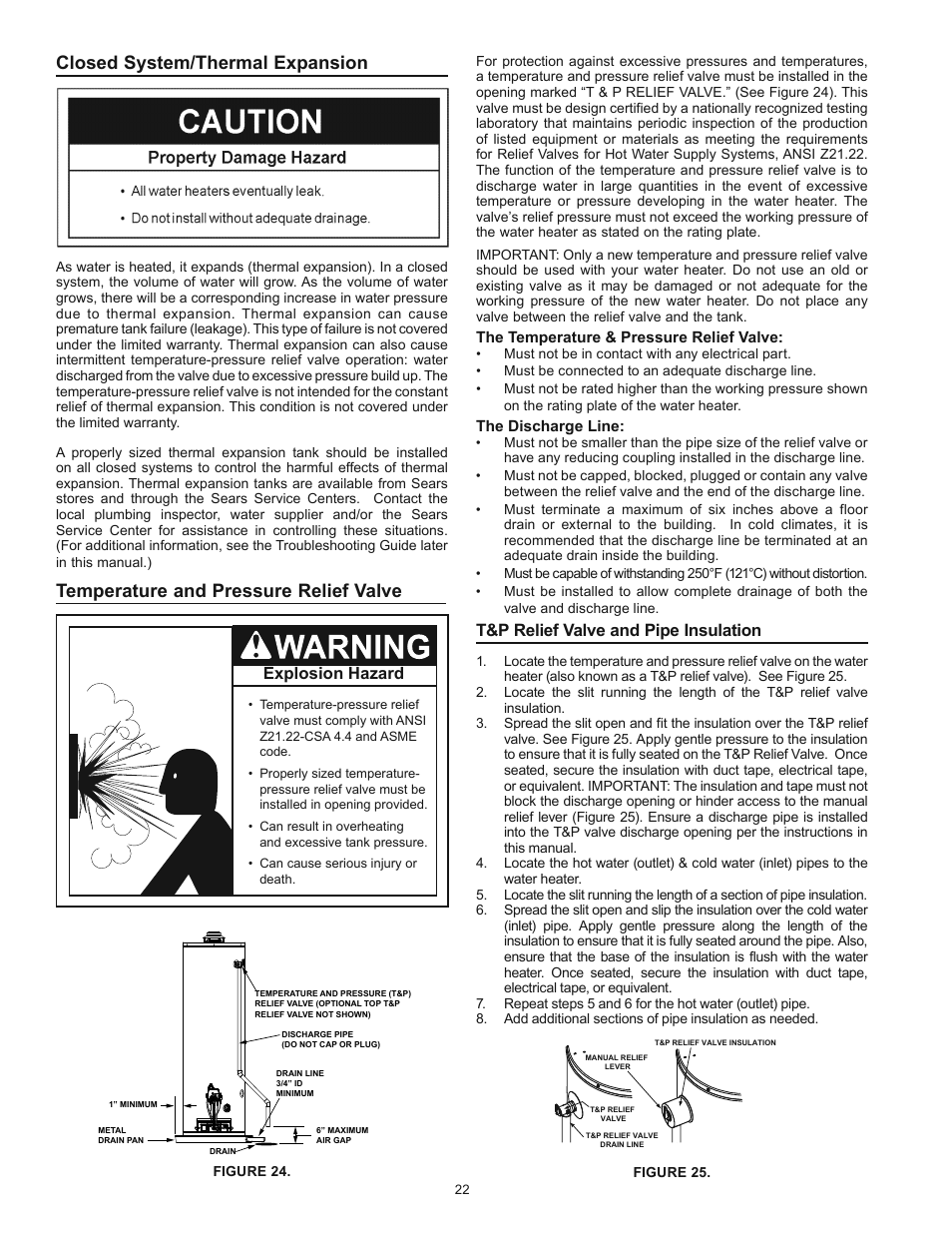 Closed system/thermal expansion, Temperature and pressure relief valve, T&p relief valve and pipe insulation | Kenmore POWER MISER 153.336433 User Manual | Page 22 / 44