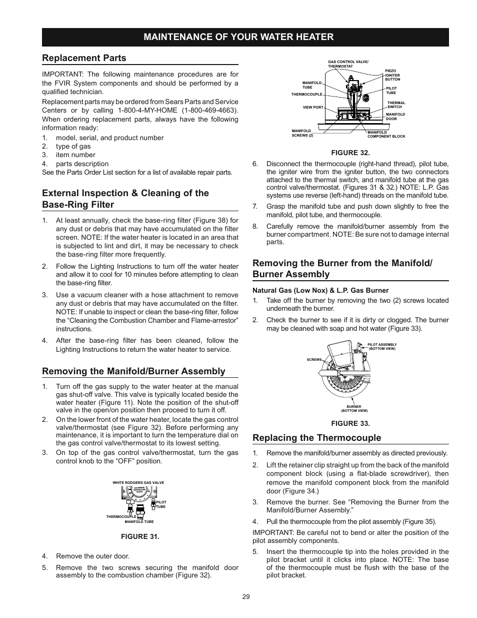 Maintenance of your water heater replacement parts, Removing the manifold/burner assembly, Replacing the thermocouple | Kenmore POWER MISER 153.336433 User Manual | Page 29 / 44