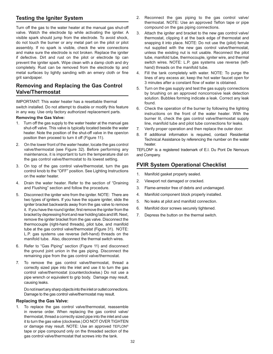 Fvir system operational checklist, Testing the igniter system | Kenmore POWER MISER 153.336433 User Manual | Page 32 / 44