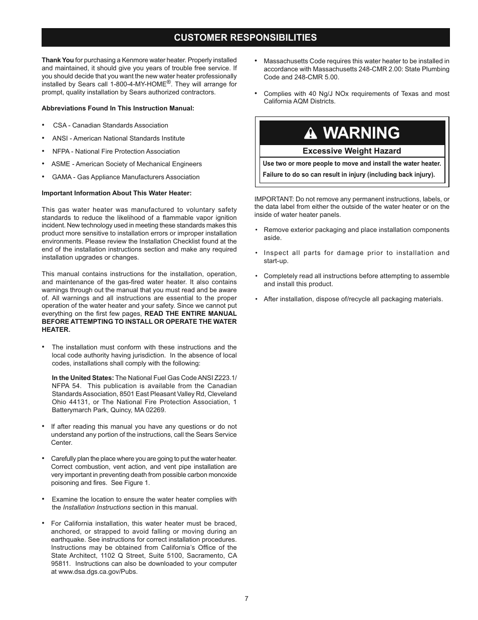 Warning, Customer responsibilities | Kenmore POWER MISER 153.336433 User Manual | Page 7 / 44