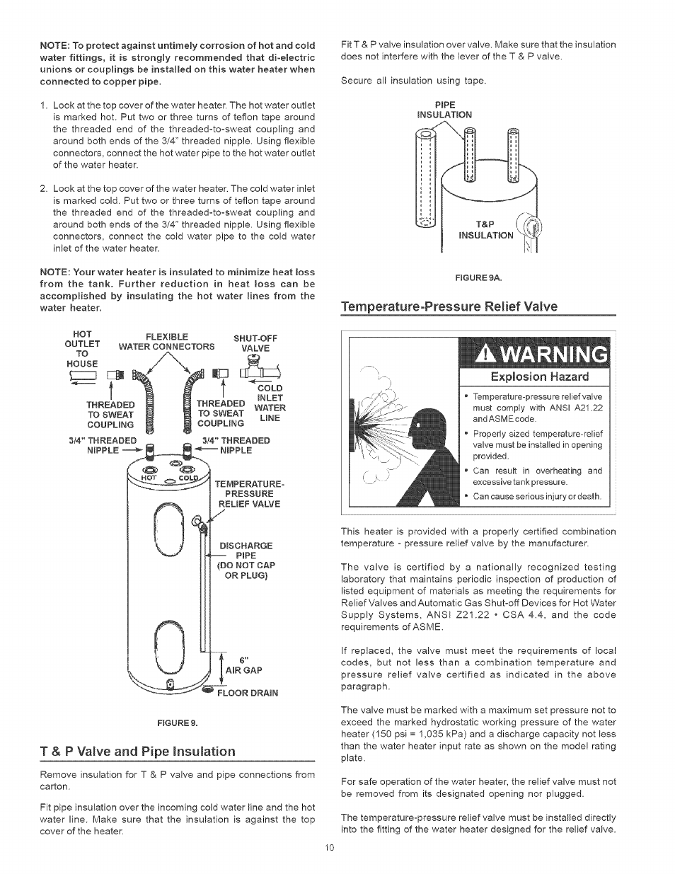 T & p valve and pipe insulation, Warning | Kenmore POWER MISER 153.320661 User Manual | Page 10 / 32