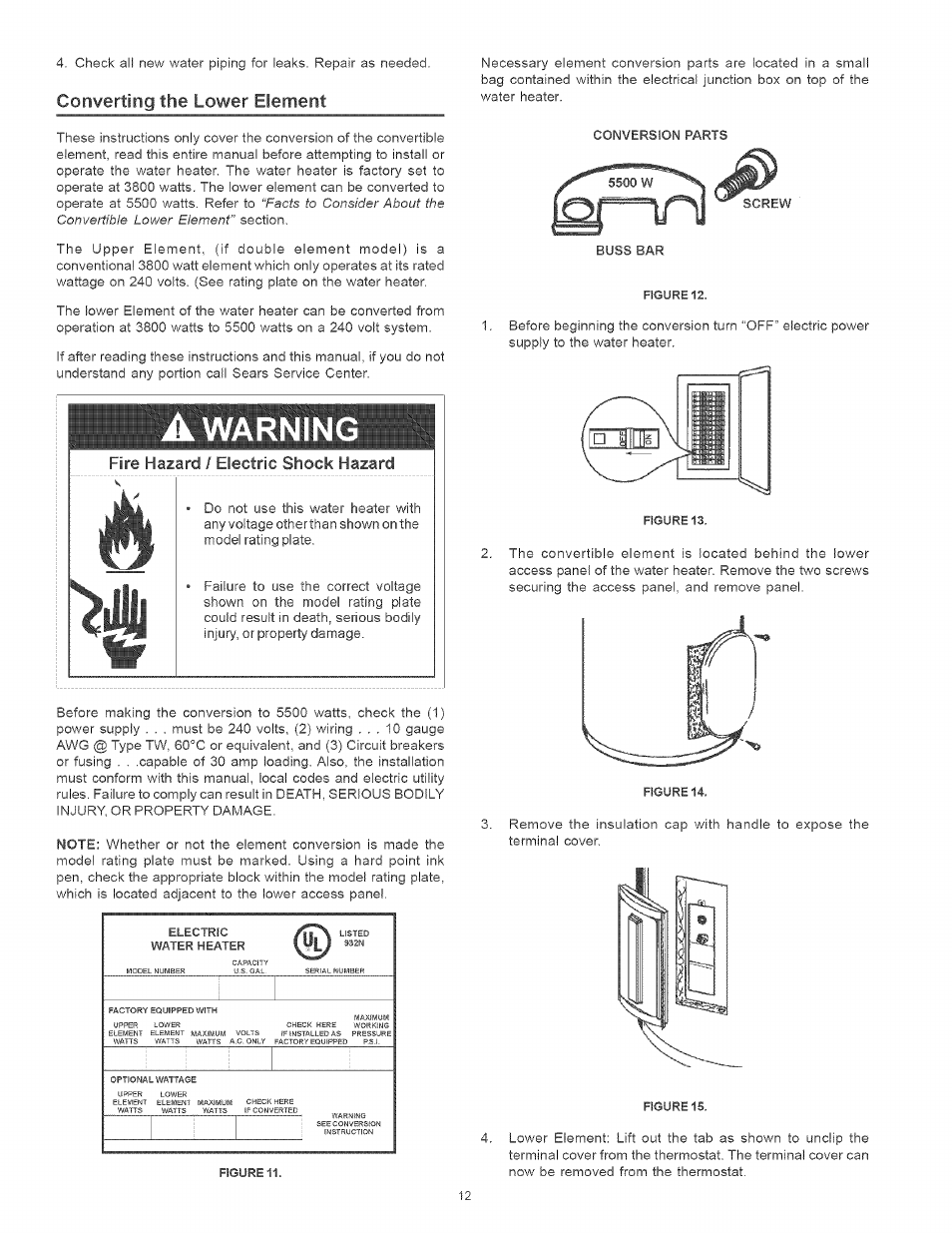 Con¥erting the lower element, Converting the lower element -14, Warning | Electric | Kenmore POWER MISER 153.320661 User Manual | Page 12 / 32