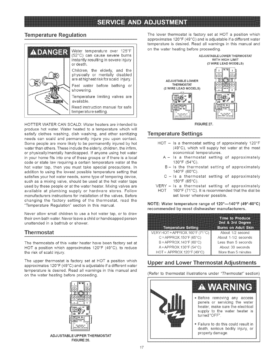 Temperature regulation, Temperature settings, Upper and lower thermostat adjustments | Temperature settings 7, Upper and lower thermostat adjustments ,18, A warning, Adanger, Service and adjustmen, Thermostat | Kenmore POWER MISER 153.320661 User Manual | Page 17 / 32