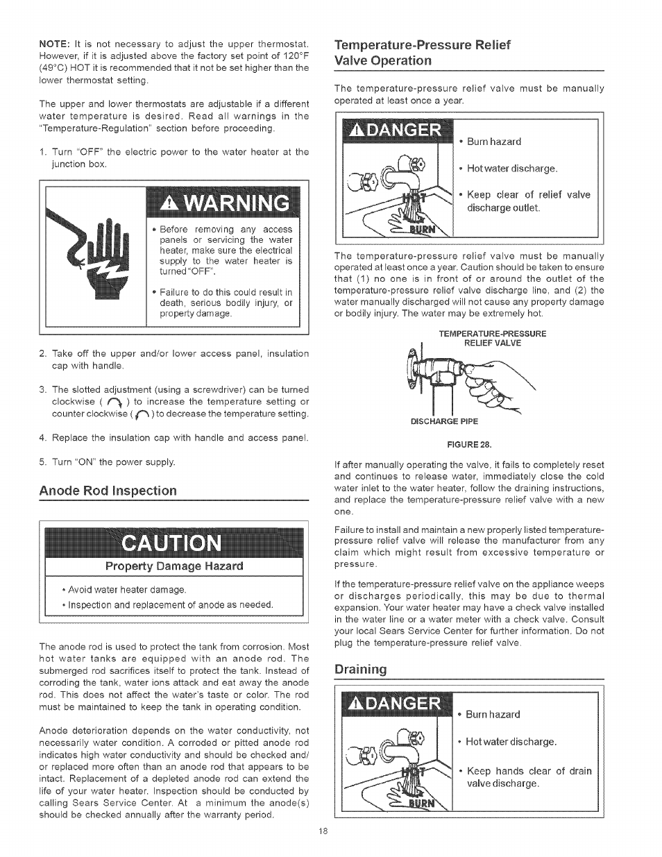 Anode rod inspection, Temperature-pressure relief valve operation, Draining | Temperature-pressure relief valve ,11, Draining ,19, A warning, Cautio | Kenmore POWER MISER 153.320661 User Manual | Page 18 / 32