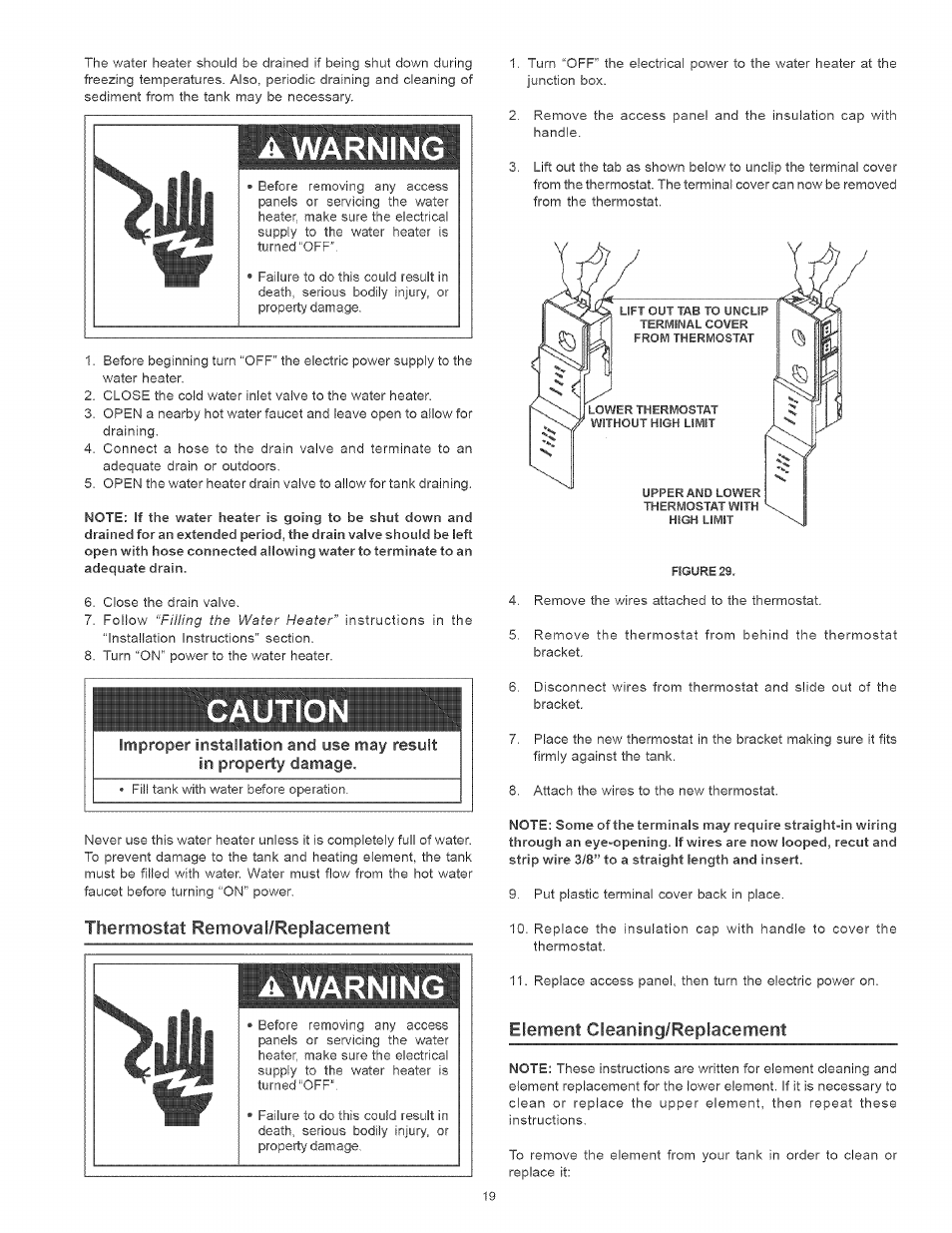 Thermostat remoyal/replaceinent, Element cleaning/repiacement, Thermostat removal/replacement | Element cleaning/replacement -22, A warning, Cautio | Kenmore POWER MISER 153.320661 User Manual | Page 19 / 32