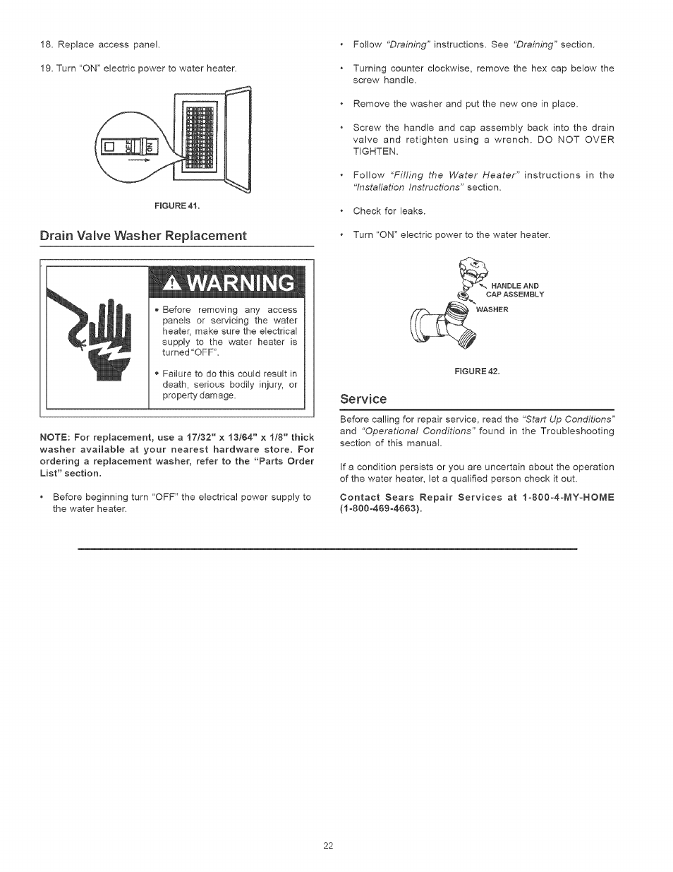 Drain valve washer replacement, Service, A warning >ll»-gl | Kenmore POWER MISER 153.320661 User Manual | Page 22 / 32