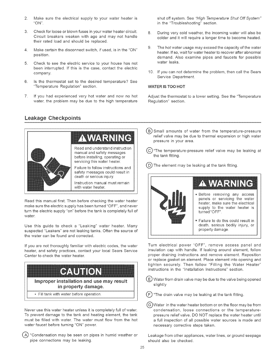 Leakage checkpoints, Leakage checkpoints ,26, Awarning | Cautio | Kenmore POWER MISER 153.320661 User Manual | Page 25 / 32