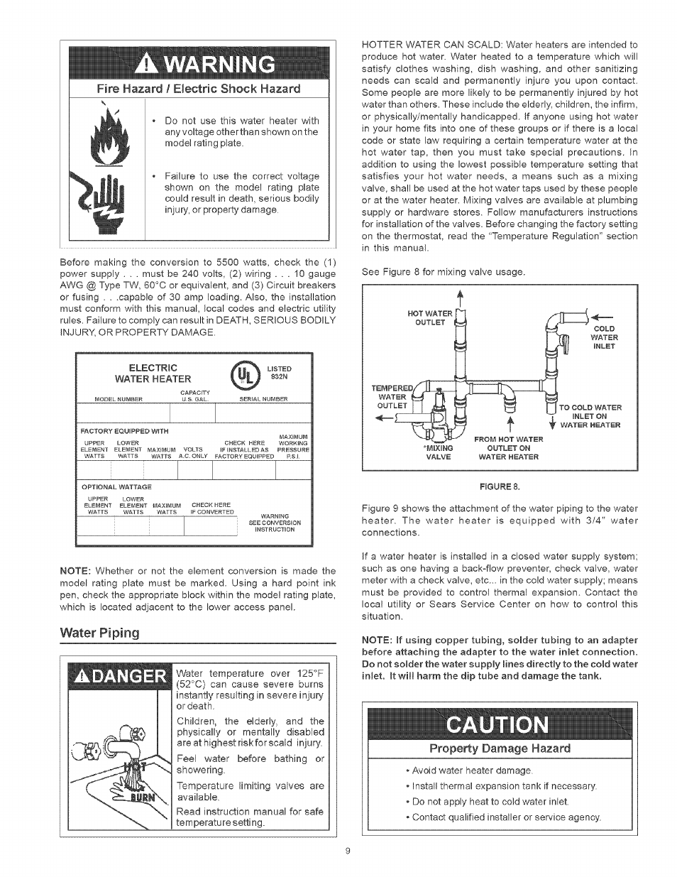 Water piping, Water piping ,10, Warning | Cautio, Adanger | Kenmore POWER MISER 153.320661 User Manual | Page 9 / 32