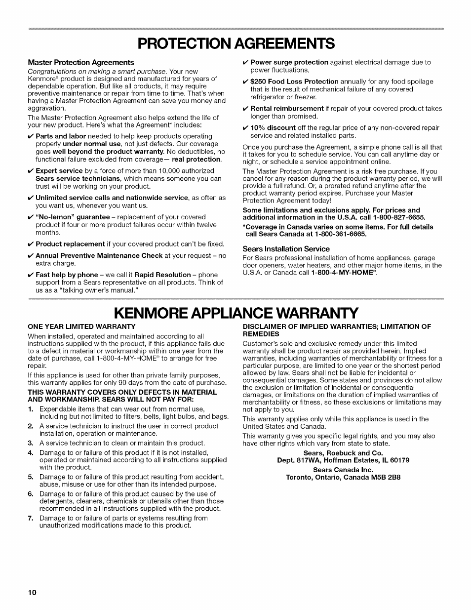 Protection agreements, Master protection agreements, Sears installation service | Kenmore appliance warranty, One year limited warranty | Kenmore W10034880B User Manual | Page 10 / 20