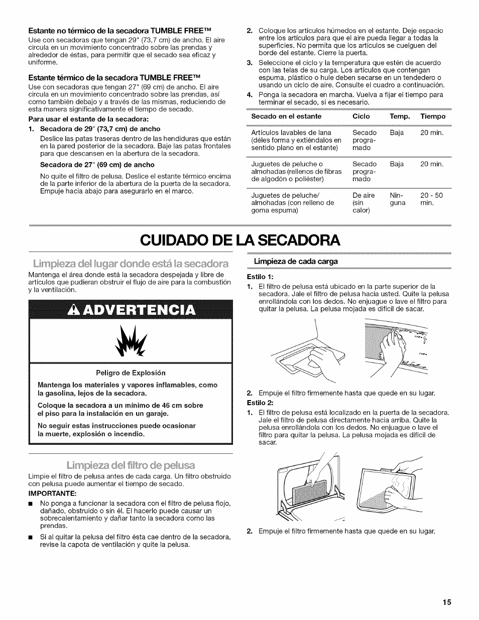 Estante no térmico de la secadora tumble free, Estante térmico de la secadora tumble free, Cuidado de la secadora | Limpieza de cada carga, A advertencia | Kenmore W10034880B User Manual | Page 15 / 20