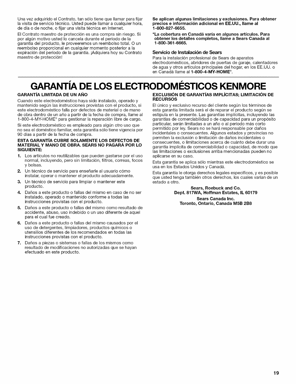 Servicio de instalación de sears, Garantia de los electrodomesticos kenmore, Garantia limitada de un ano | Kenmore W10034880B User Manual | Page 19 / 20