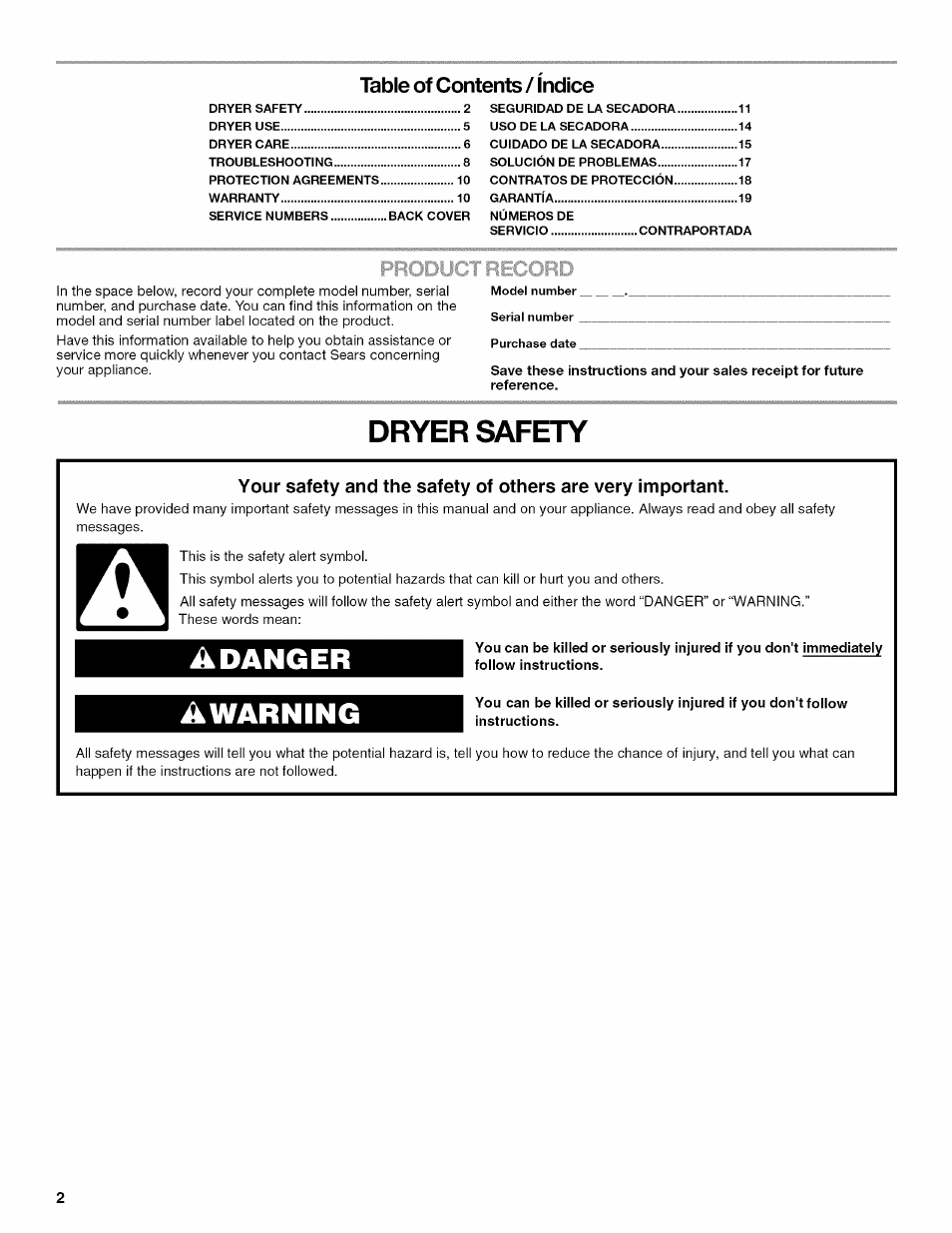 Dryer safety, Adanger awarning, Table of contents / indice | Kenmore W10034880B User Manual | Page 2 / 20