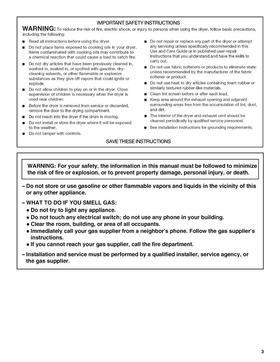 Important safety instructions, Save these instructions, Warning | Kenmore W10034880B User Manual | Page 3 / 20