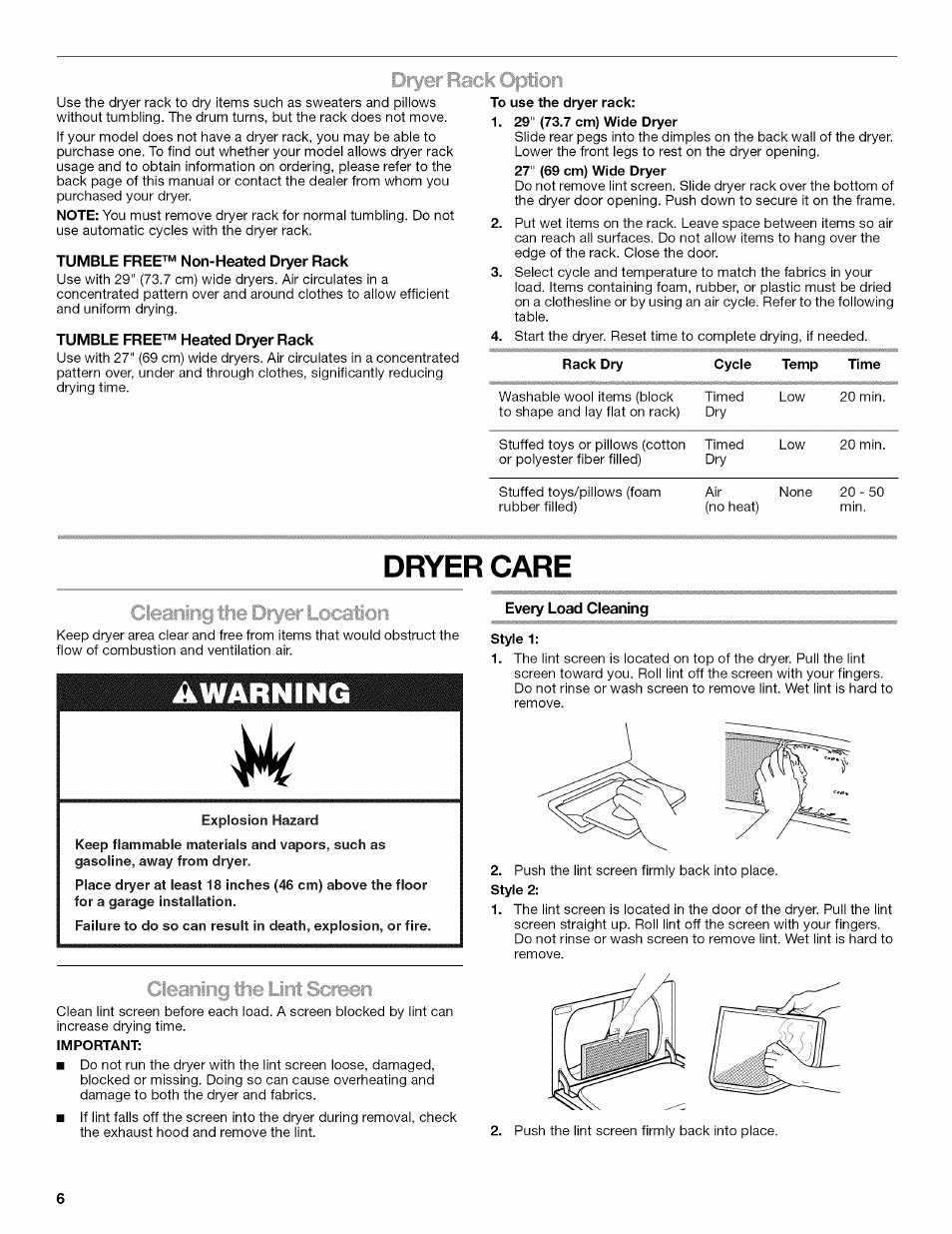 Tumble free™ non-heated dryer rack, Tumble free™ heated dryer rack, 29" (73.7 cm) wide dryer | 27" (69 cm) wide dryer, Rack dry, Cycie temp time, Dryer care, Explosion hazard, Important, Every load cleaning | Kenmore W10034880B User Manual | Page 6 / 20