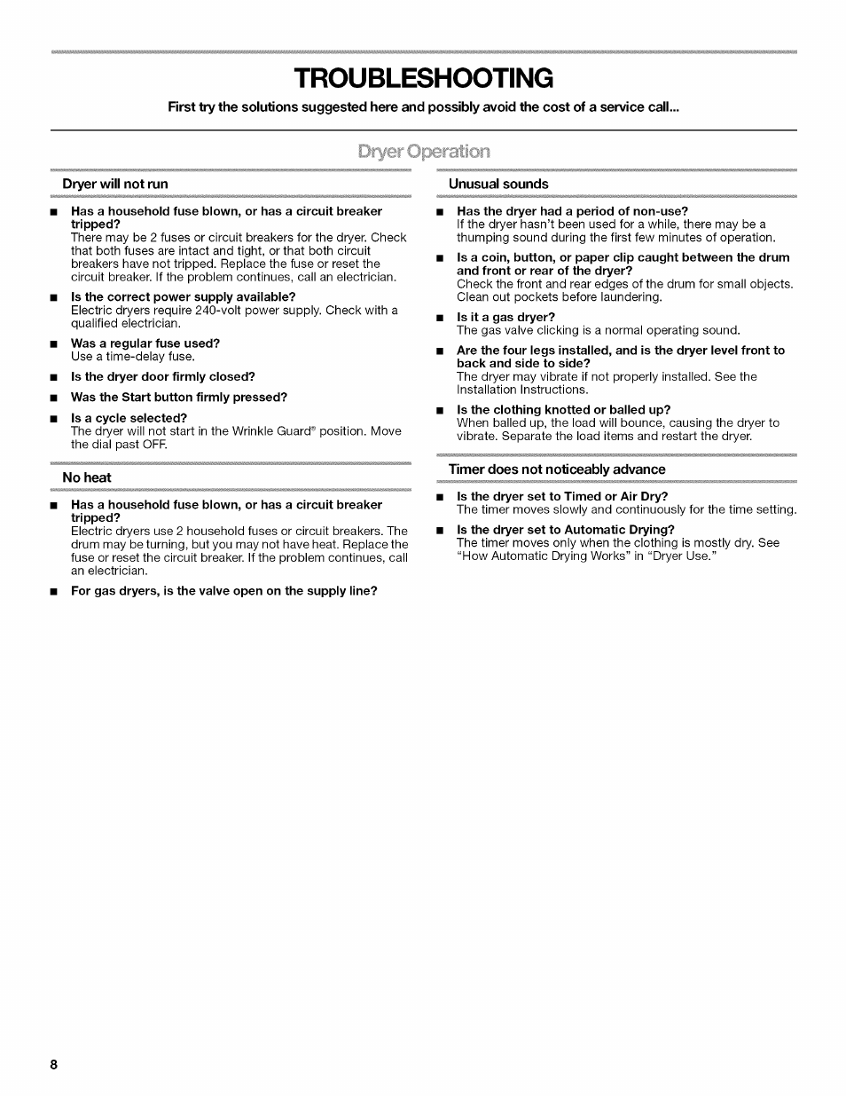 Troubleshooting, Dryer will not run, No heat | Unusual sounds, Has the dryer had a period of non-use, Timer does not noticeably advance, Is the dryer set to timed or air dry | Kenmore W10034880B User Manual | Page 8 / 20