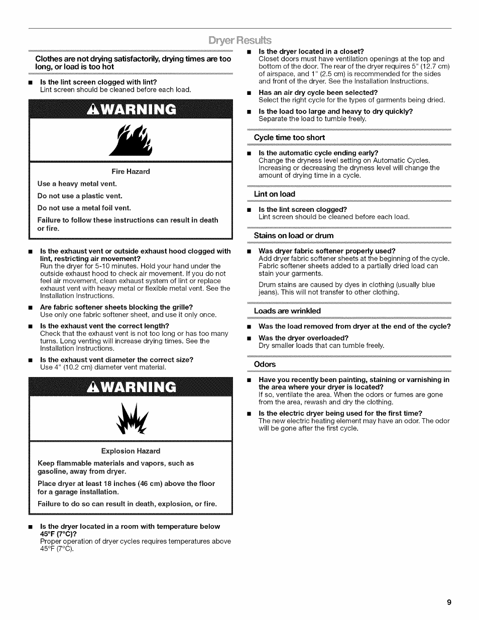 Awarning, Dryer results | Kenmore W10034880B User Manual | Page 9 / 20