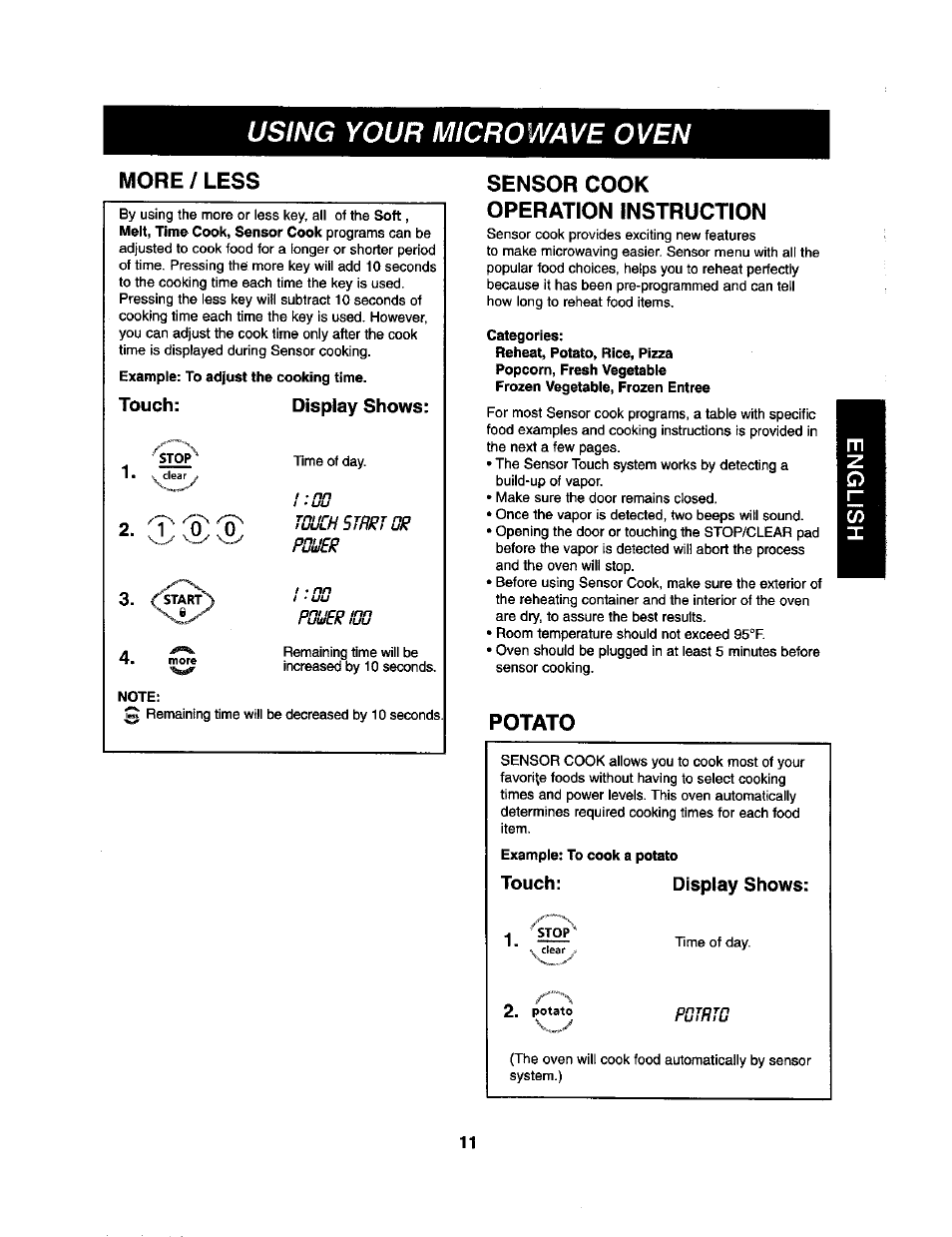 More / less, Touch: display shows, Sensor cook operation instruction | Potato, Touch, Display shows, Using your microwave oven | Kenmore 721.62365 User Manual | Page 11 / 22