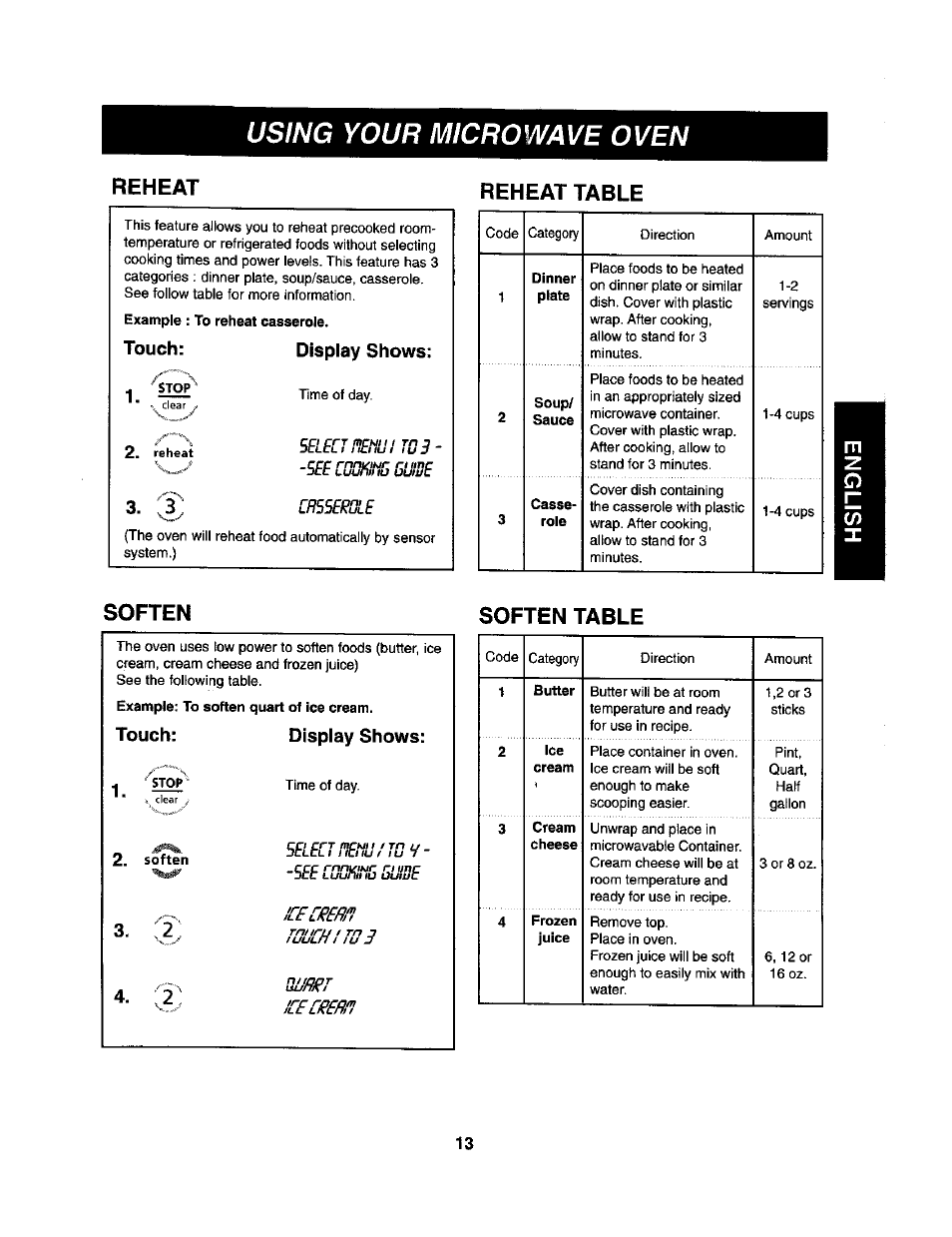 Reheat, Reheat table, Touch: display shows | Soften, Soften table, Using your microwave oven, Reheat reheat table, Soften soften table | Kenmore 721.62365 User Manual | Page 13 / 22