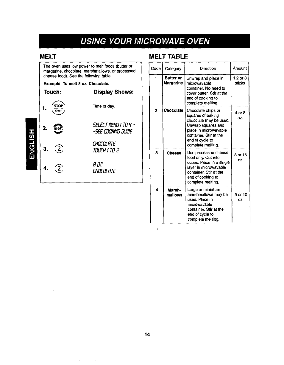 Melt table, Using your microwave oven, Melt melt table | Kenmore 721.62365 User Manual | Page 14 / 22