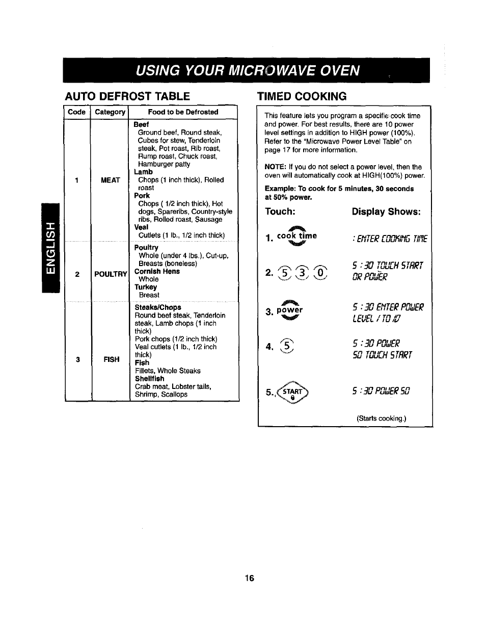 Auto defrost table, Timed cooking, Using your microwave oven | Auto defrost table timed cooking | Kenmore 721.62365 User Manual | Page 16 / 22