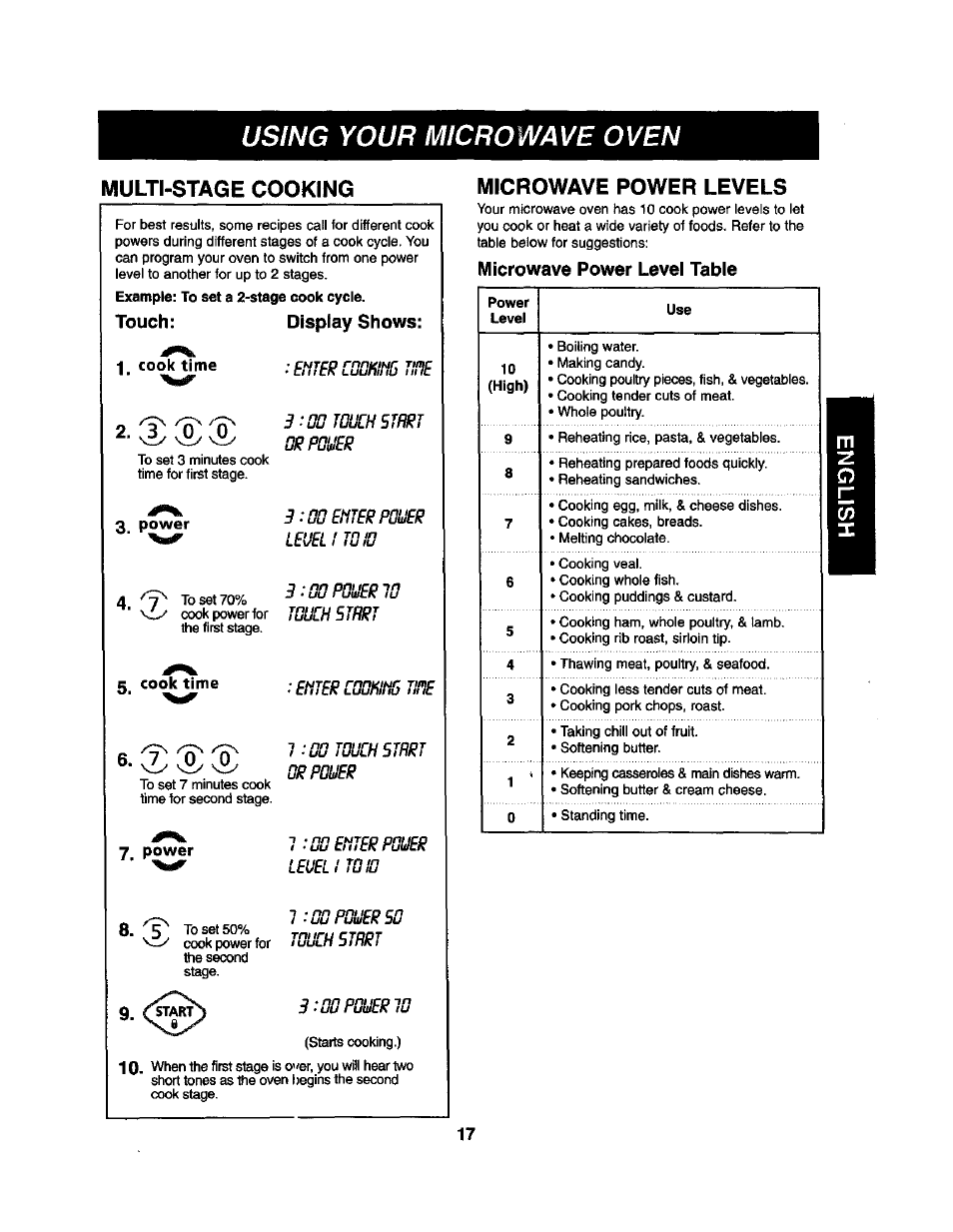 Multi-stage cooking, Touch: display shows, Cook time | Microwave power levels, Microwave power level table, Qrpquer, Using your microwave oven | Kenmore 721.62365 User Manual | Page 17 / 22