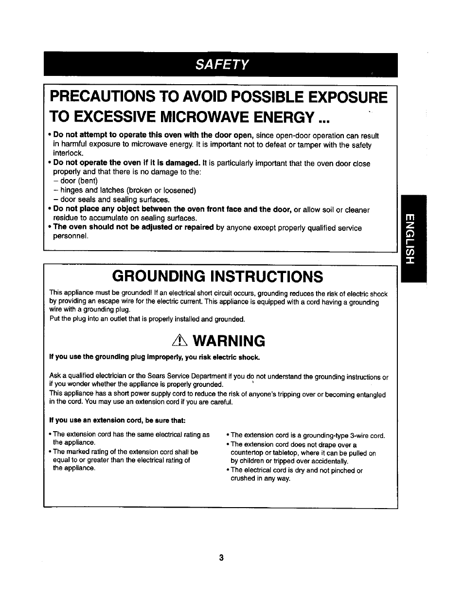 Grounding instructions, A warning, Safety | Kenmore 721.62365 User Manual | Page 3 / 22