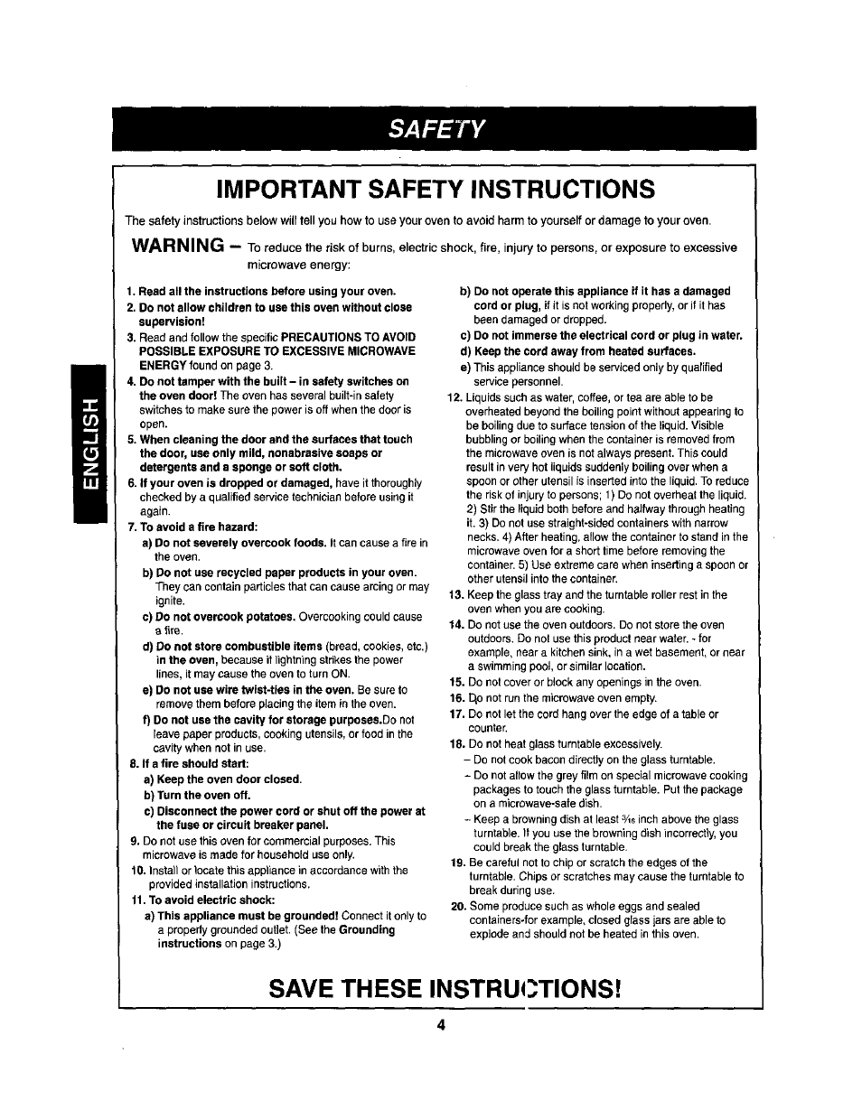 Important safety instructions, Save these instructions, Safety | Warning | Kenmore 721.62365 User Manual | Page 4 / 22