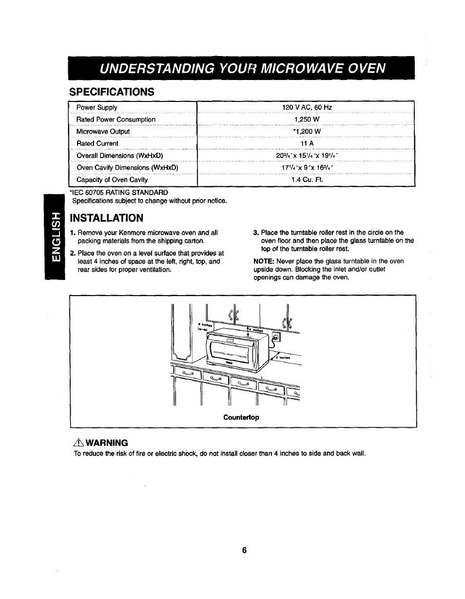 Specifications, Installation, A warning | Understanding your microwave oven | Kenmore 721.62365 User Manual | Page 6 / 22