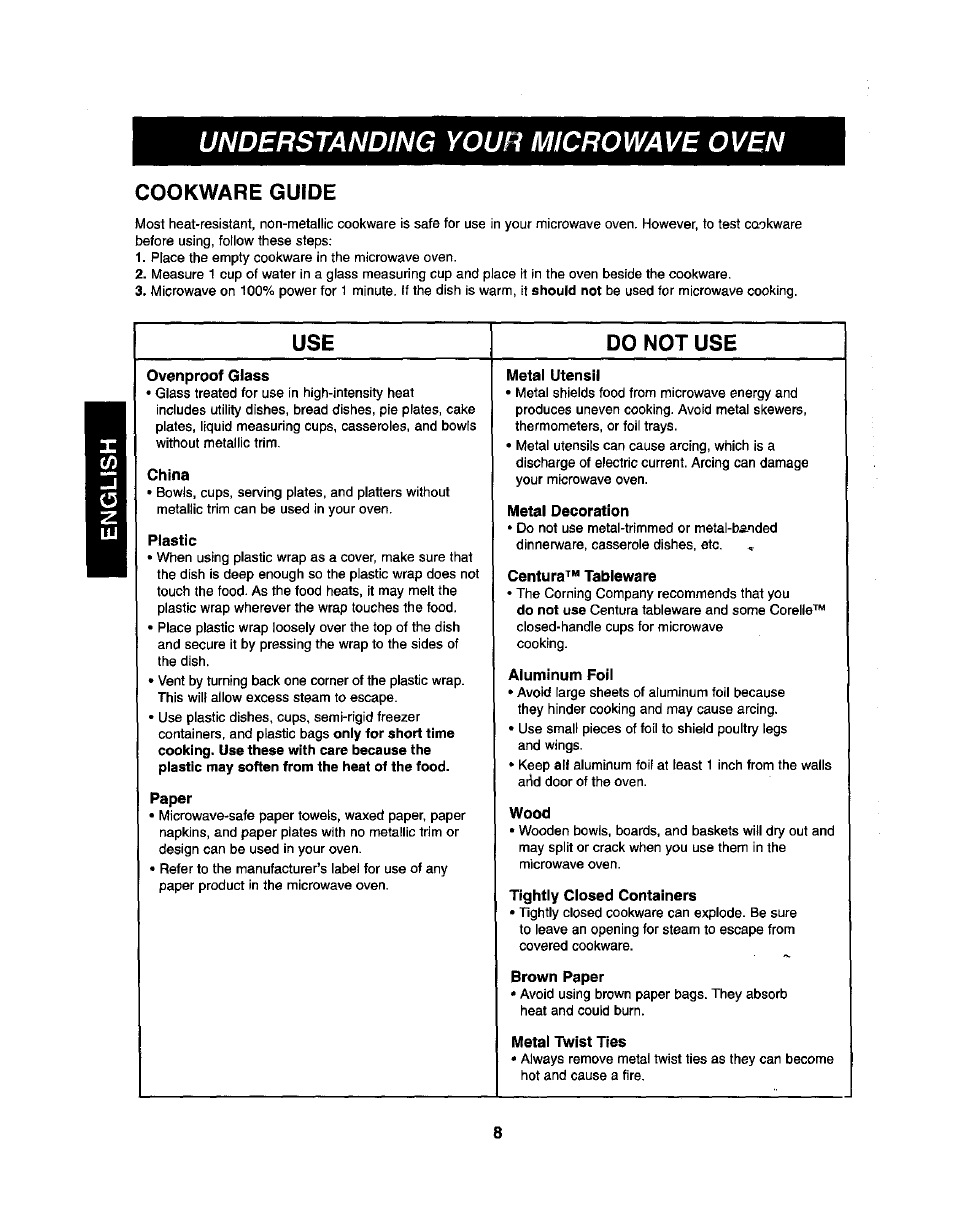 Cookware guide, Understanding your microwave oven, Use do not use | Kenmore 721.62365 User Manual | Page 8 / 22