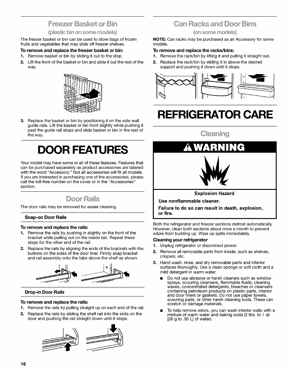 Snap-on door rails to remove and replace the rails, Drop-in door rails, To remove and replace the rails | Door features, Refrigerator care a warning | Kenmore 2220695 User Manual | Page 16 / 24