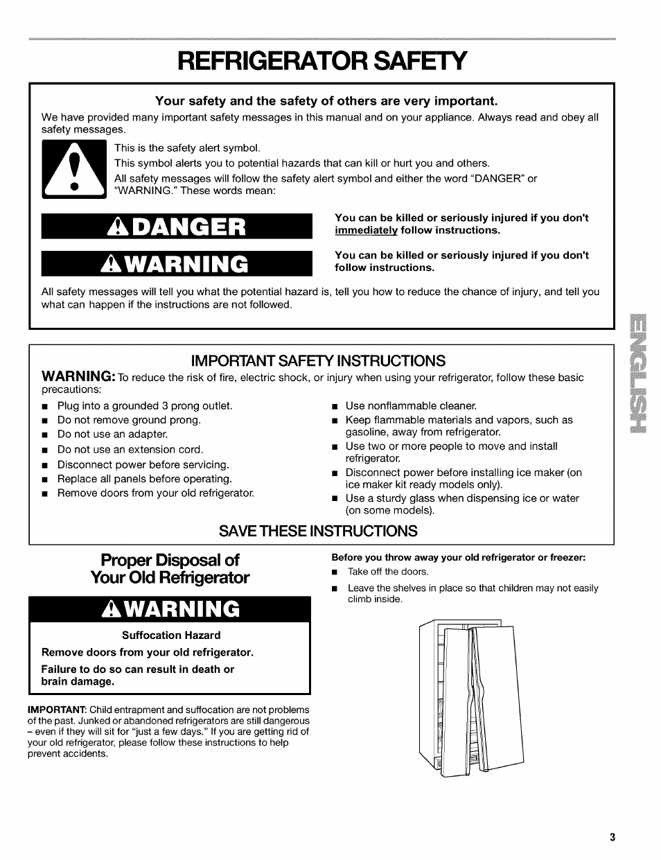 Important safety instructions, Save these instructions, Suffocation hazard | Refrigerator safety, Adanger awarning, Awarning, Proper disposal of your old refrigerator | Kenmore 2220695 User Manual | Page 3 / 24