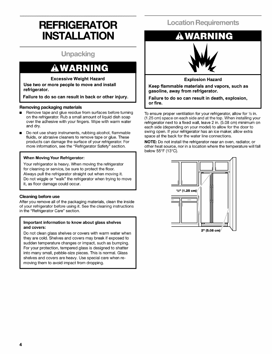 Removing packaging materials, Cleaning before use, Refrigerator installation | Awarning, Ijnpacki | Kenmore 2220695 User Manual | Page 4 / 24