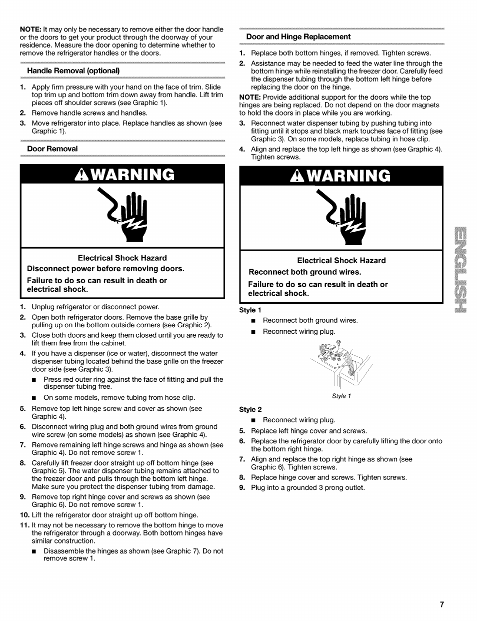 Handle removal (optional), Door removal, Door and hinge replacement | Awarning | Kenmore 2220695 User Manual | Page 7 / 24