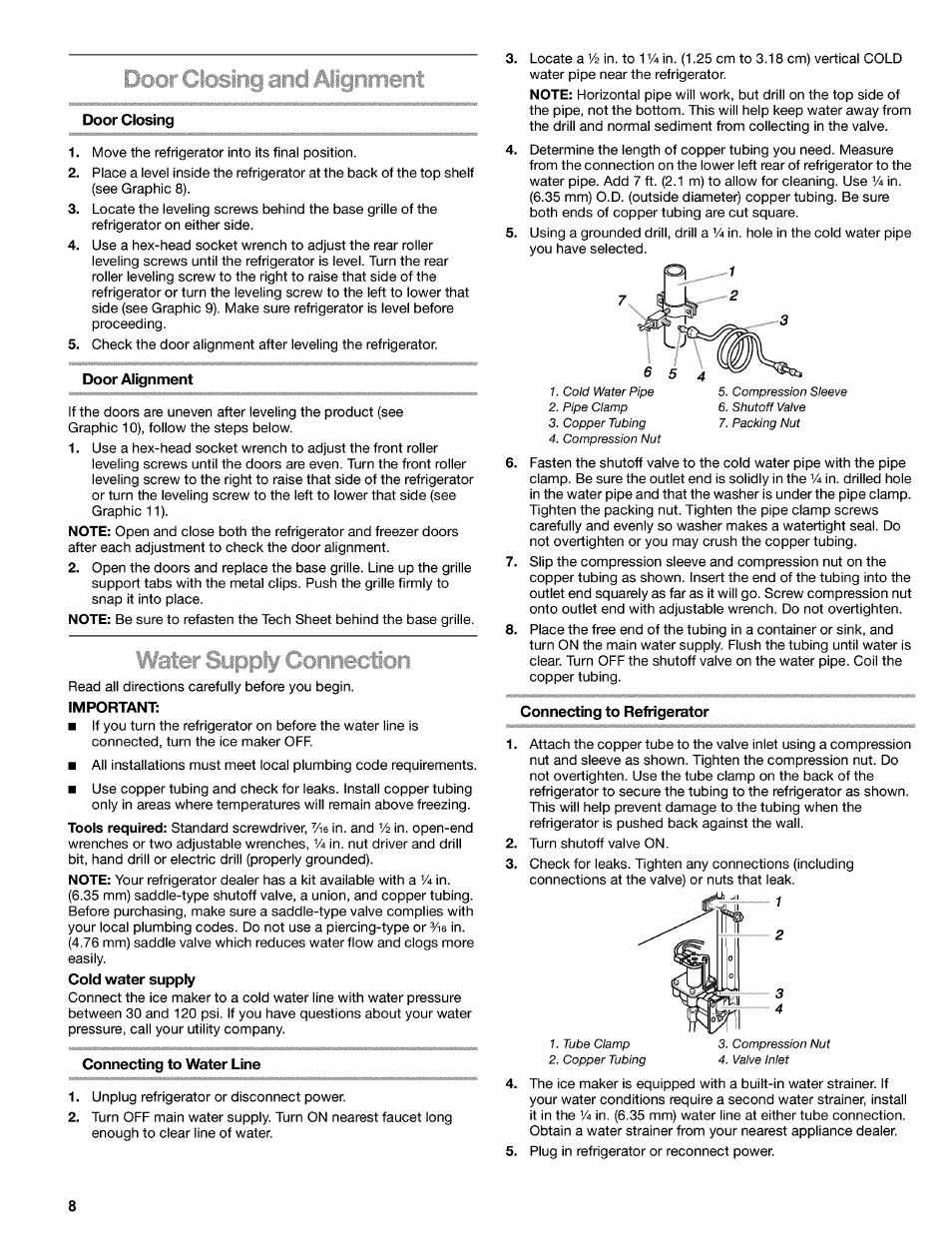 Door closing, Door alignment, Important | Connecting to water line, Connecting to refrigerator, Vlatcfr supply conneciori | Kenmore 2220695 User Manual | Page 8 / 24