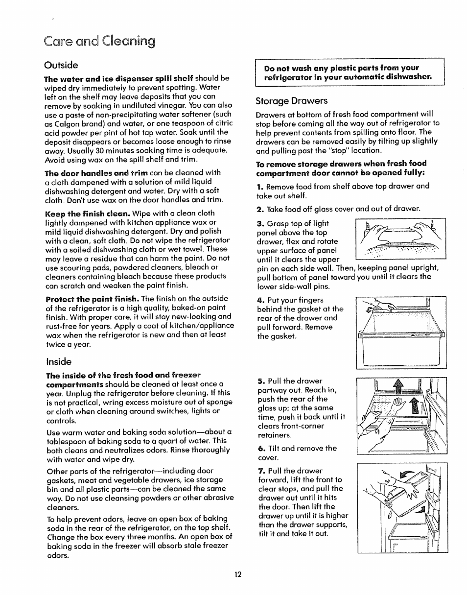 Care and cleaning, Outside, Inside | Storage drawers | Kenmore 59771 User Manual | Page 12 / 16