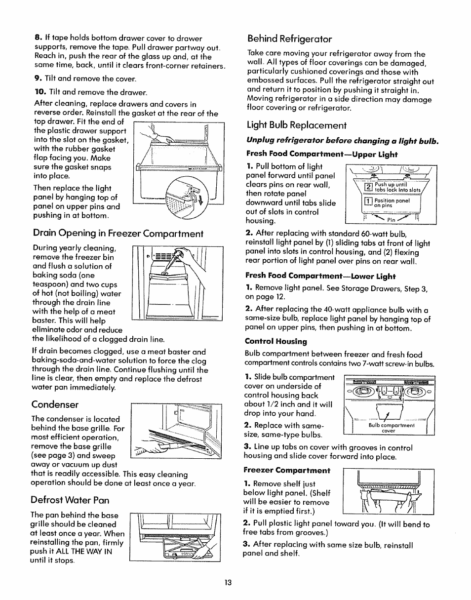 Drain opening in freezer compartment, Condenser, Defrost water pan | Behind refrigerator, Light bulb replacement | Kenmore 59771 User Manual | Page 13 / 16