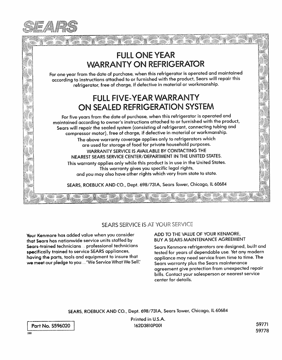 Port no. s596020, Full one year warranty on refrigerator, Your service | Kenmore 59771 User Manual | Page 16 / 16