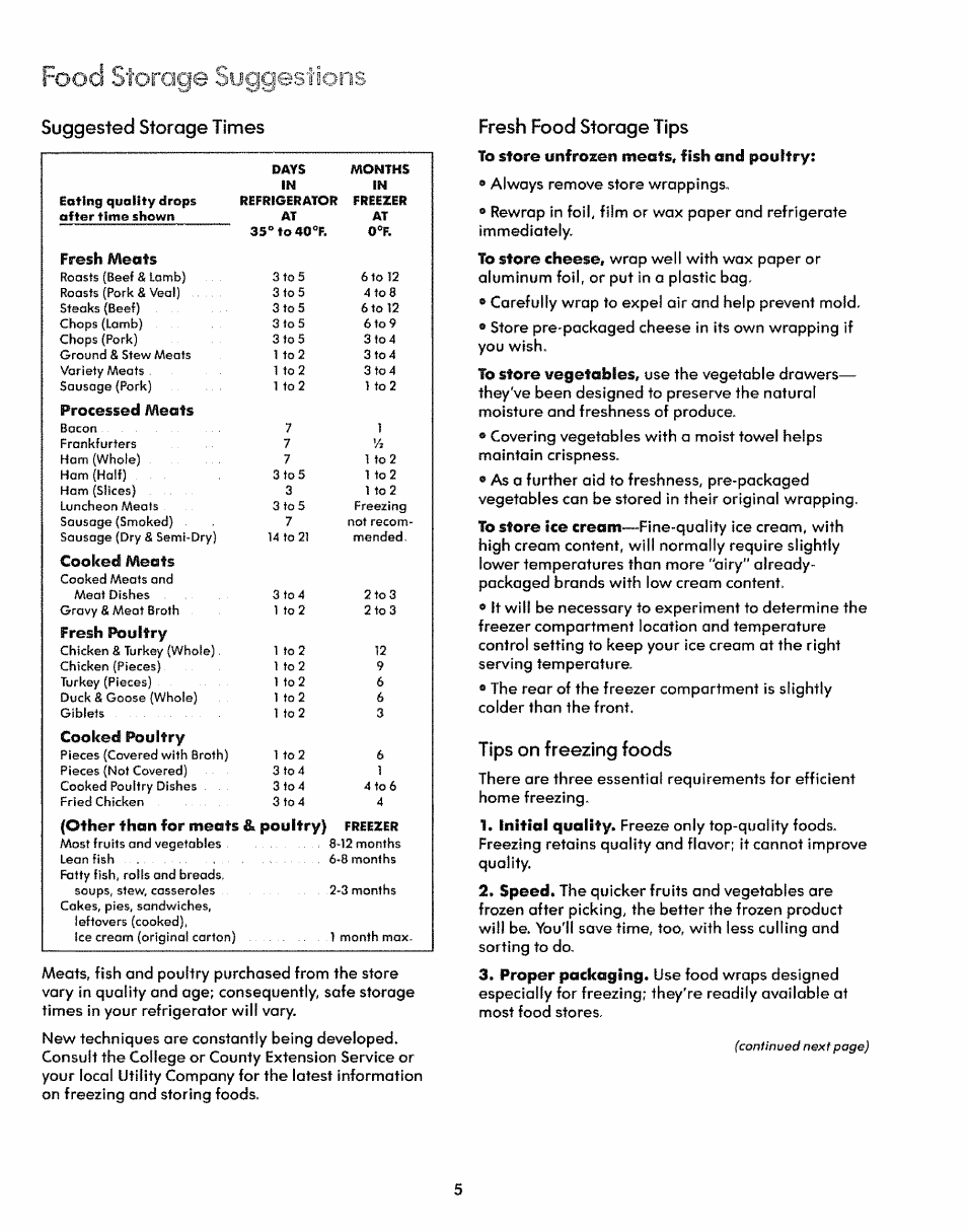 Suggested storage times, Fresh food storage tips, Tips on freezing foods | Isuggested storage times | Kenmore 59771 User Manual | Page 5 / 16