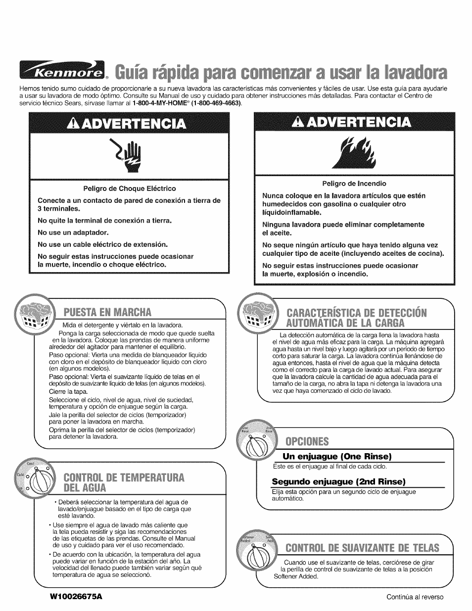 I. guía rápida para comenzar a usar la lavadora, Un enjuague (one rinse), Segundo enjuague (2nd rinse) | Guía rápida para comenzar a usar la lavadora, A advertencia, Piisti ii lilcii, Ciltiil le tilpilitili lel ifiii, Istici ii iltecciii iltoliti | Kenmore W10026675A User Manual | Page 3 / 6