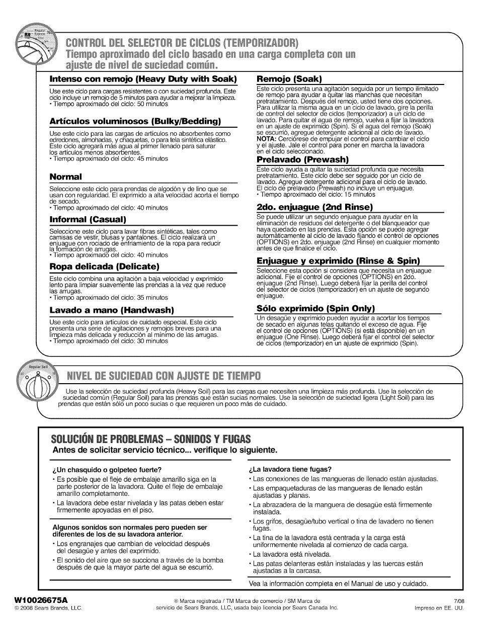 Artículos voluminosos (bulky/bedciing), Normal, Informal (casual) | Ropa delicada (delicate), Lavado a mano (handwash), Prelavado (prewash), 2do. enjuague (2nd rinse), Enjuague y exprimido (rinse & spin), Sólo exprimido (spin only) | Kenmore W10026675A User Manual | Page 4 / 6