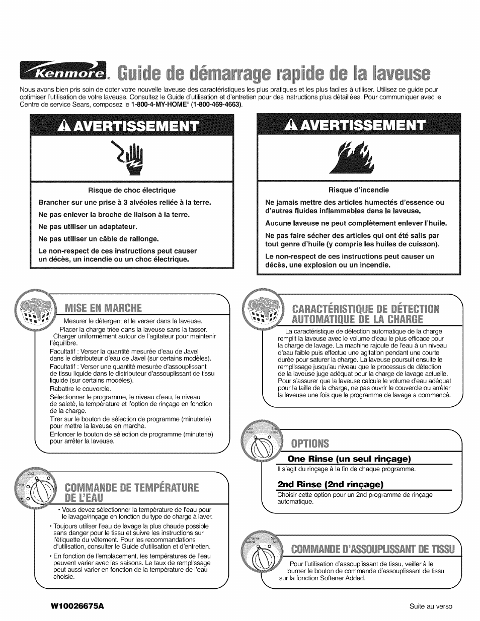 Guide de démarrage rapide de la laveuse, Tube, De l’eau | Caracteristique i ii, Automatique p charge, Options, A avertissement, Tube de l’eau, Caracteristique, Ii automatique p charge | Kenmore W10026675A User Manual | Page 5 / 6